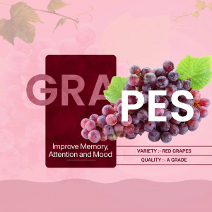 Image of red grapes with text promoting memory improvement and quality.
