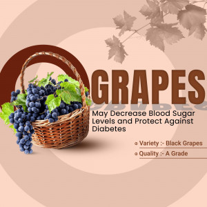 Basket of dark grapes with text about blood sugar and diabetes