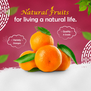 Pile of fresh oranges with green leaves and text 'Natural Fruits for living a natural life.'