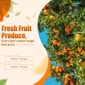 Image of fresh oranges on a tree with promotional text
