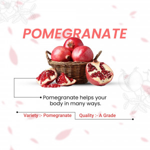 Close-up of fresh pomegranates in a woven basket with a sliced pomegranate showing the seeds.