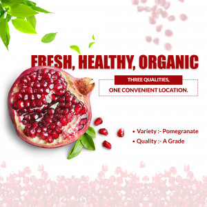 A halved pomegranate with seeds and leaves, promoting fresh, healthy, and organic qualities.