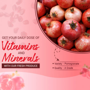 Close-up of fresh pomegranates with text promoting vitamins and minerals.