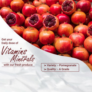 Pile of fresh red pomegranates with some cut open, promoting vitamins and minerals.