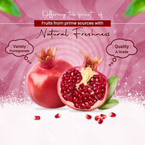 Close-up of fresh pomegranates with text 'Offering the finest of Fruits from prime sources with Natural Freshness'