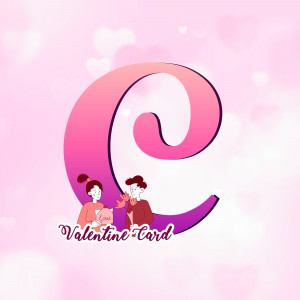 Illustration of the letter 'e' with a couple and hearts, designed as a Valentine's Day card.