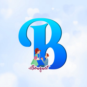 Capital letter B with a couple proposing and the word 'Bouquet' inside