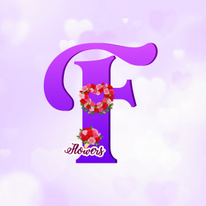 Purple letter F decorated with red and pink flowers