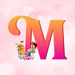 Letter M with a music theme featuring a couple playing guitar and relaxing
