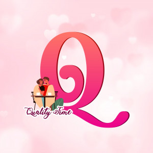 Illustration of a couple enjoying a meal with a large letter Q in the background