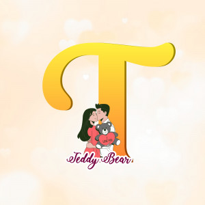 Capital letter T with a couple and a teddy bear illustration