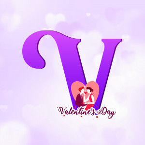 Letter V with a Valentine's Day theme featuring a couple in love