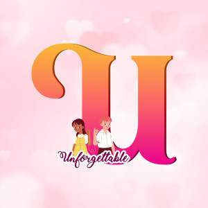 Illustration of a couple with a large letter 'u' and the word 'Unforgettable'
