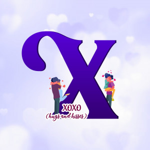 A graphic featuring a large purple 'X' with illustrations of couples hugging and kissing, and the text 'XOXO (hugs and kisses)'