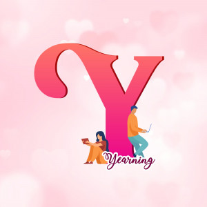 Large letter Y with silhouettes of people working on laptops and a heart-themed background.
