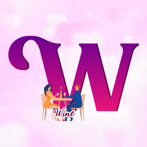 Illustration of a couple enjoying wine at a table with a large letter 'W' in the background.