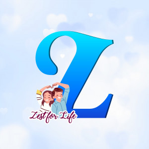 A vibrant illustration featuring the letter 'Z' with a couple forming a heart shape below, and the text 'Zest for Life'.