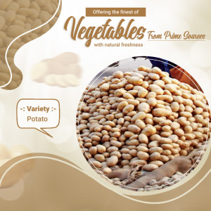 Pile of fresh potatoes with text overlay promoting vegetables from prime sources