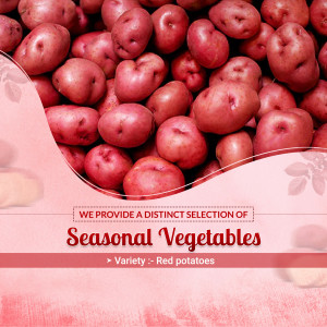Pile of red potatoes with text overlay promoting seasonal vegetables
