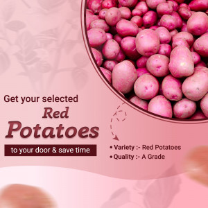 Close-up of red potatoes in a bowl with promotional text.