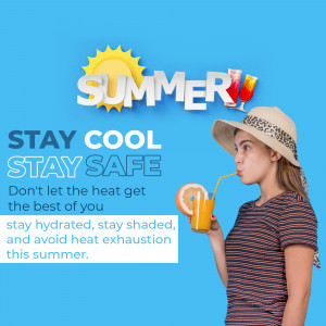 Woman enjoying a summer drink with a hat and sunglasses, promoting summer safety.