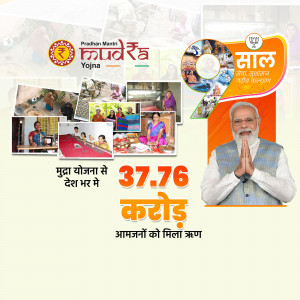 Poster showcasing the achievements of the Pradhan Mantri Mudra Yojana with images of beneficiaries and Prime Minister Narendra Modi.