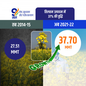 Infographic showing the growth in rapeseed and mustard production in India from 2014-15 to 2021-22.