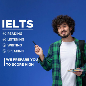 A young man pointing upwards with IELTS preparation modules listed beside him.