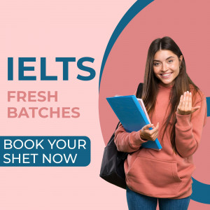 Young woman holding books with IELTS advertisement