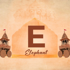 Letter E with an elephant theme and Indian architecture