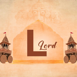 Image depicting Lord Krishna's chariot with a large letter 'L' and temple structures.