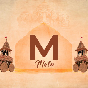 Image featuring the letter 'M' with a Mela theme, including architectural elements and flags.