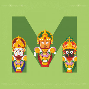 Illustration of the letter 'M' formed with Jagannath deities.