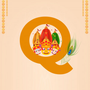 Colorful illustration of Rath Yatra chariots and deities with a decorative 'Q' shape
