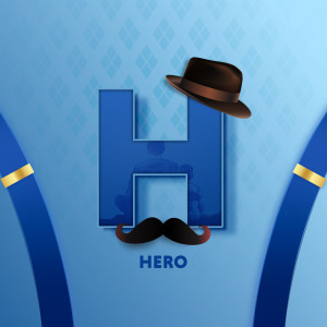 Letter H with mustache and hat, representing a hero concept