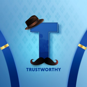 Letter T with hat and mustache representing trustworthiness