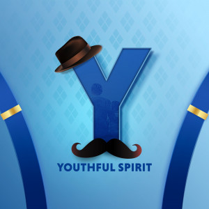 Letter Y designed with a mustache, hat, and suspenders, representing a youthful spirit.