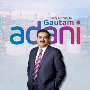 Portrait of Gautam Adani with Adani logo and industrial background