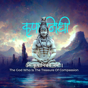 Image of Lord Shiva meditating in a serene landscape with text in Hindi and English.