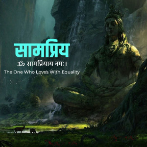 Digital painting of Lord Shiva meditating in a lush forest with the word 'Samapriya' in Devanagari script.