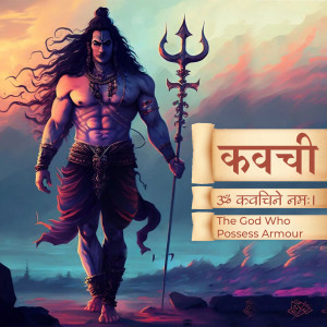 Digital art of Lord Shiva holding a trident and a scroll with Kavacham text.