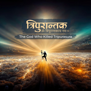 Image of Lord Shiva as Tripurantaka, the destroyer of the demon Tripurasura, standing over a city.