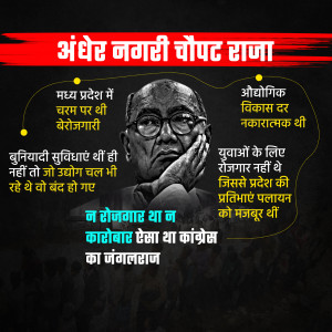 Political poster depicting a man with text in Hindi about Madhya Pradesh's development and unemployment.