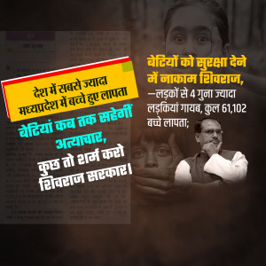 Image depicting a news graphic highlighting child safety issues in Madhya Pradesh, India, with portraits of children and a political figure.