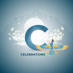 Illustration of a Faravahar symbol with a large letter 'C' and the word 'Celebrations'