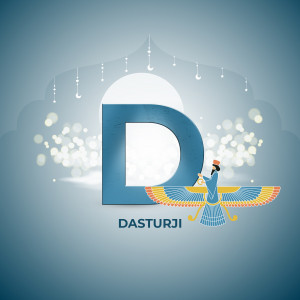 Illustration of the Faravahar symbol with a prominent letter 'D' and the text 'DASTURJI'