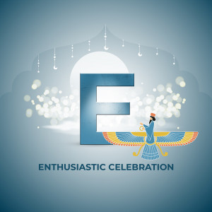 Illustration of the Faravahar symbol with a large letter 'F' and the text 'Enthusiastic Celebration'