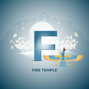 Illustration of the Faravahar symbol with a prominent letter F in the foreground.
