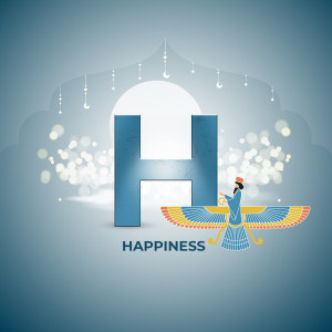 Illustration of a winged figure with the letter 'H' in the center, representing happiness.
