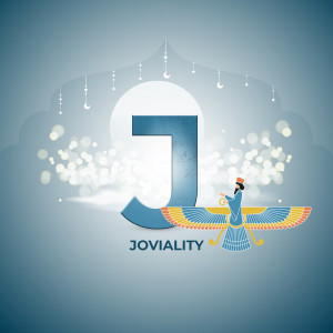 Illustration of the Faravahar symbol with a prominent letter J in the center.